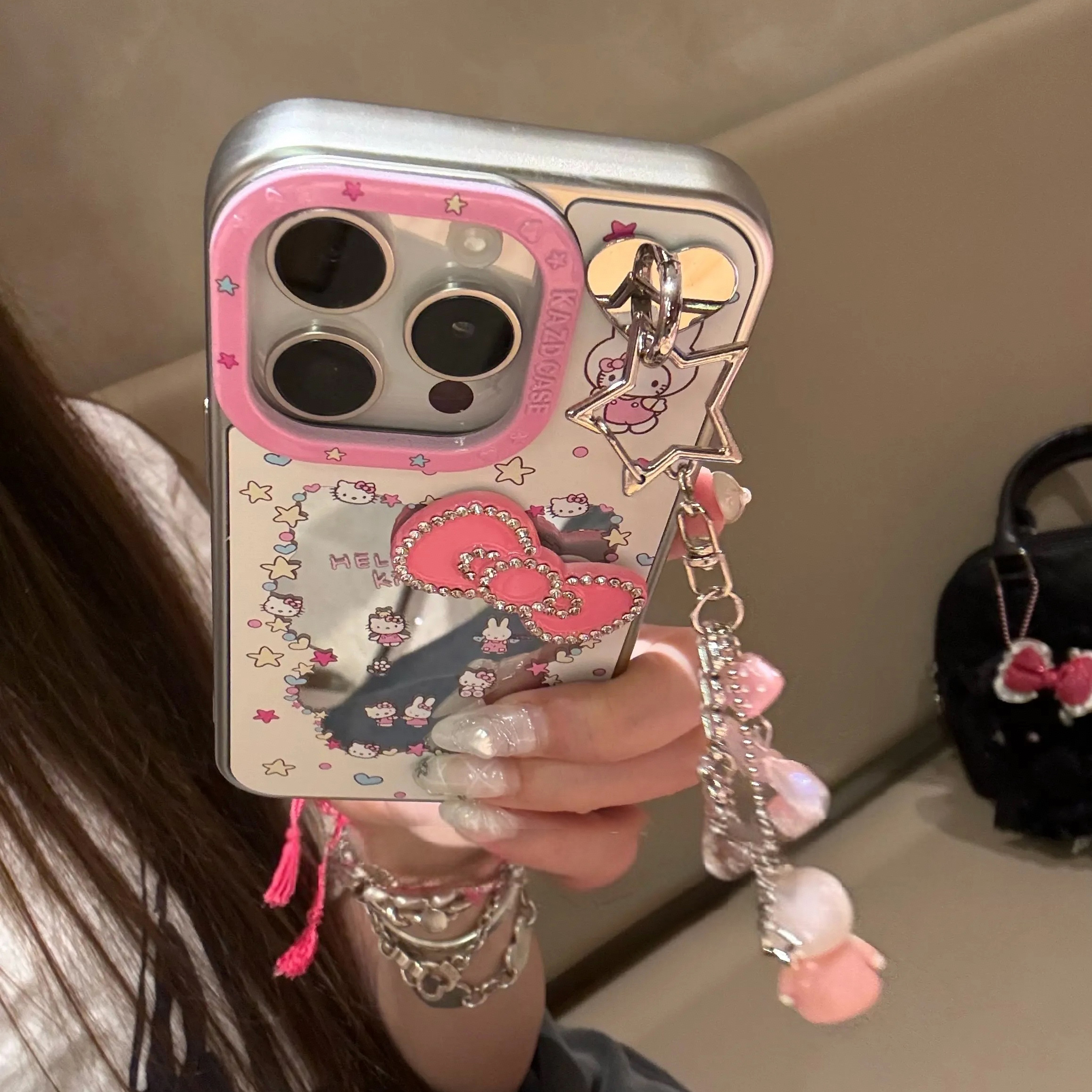 波点星星kt猫咪镜面壳适用于iPhone16promax手机壳15少女14可爱13