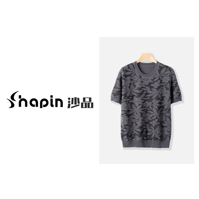 高级感半透提花圆领针织半袖春夏满印薄款上衣女MM2100