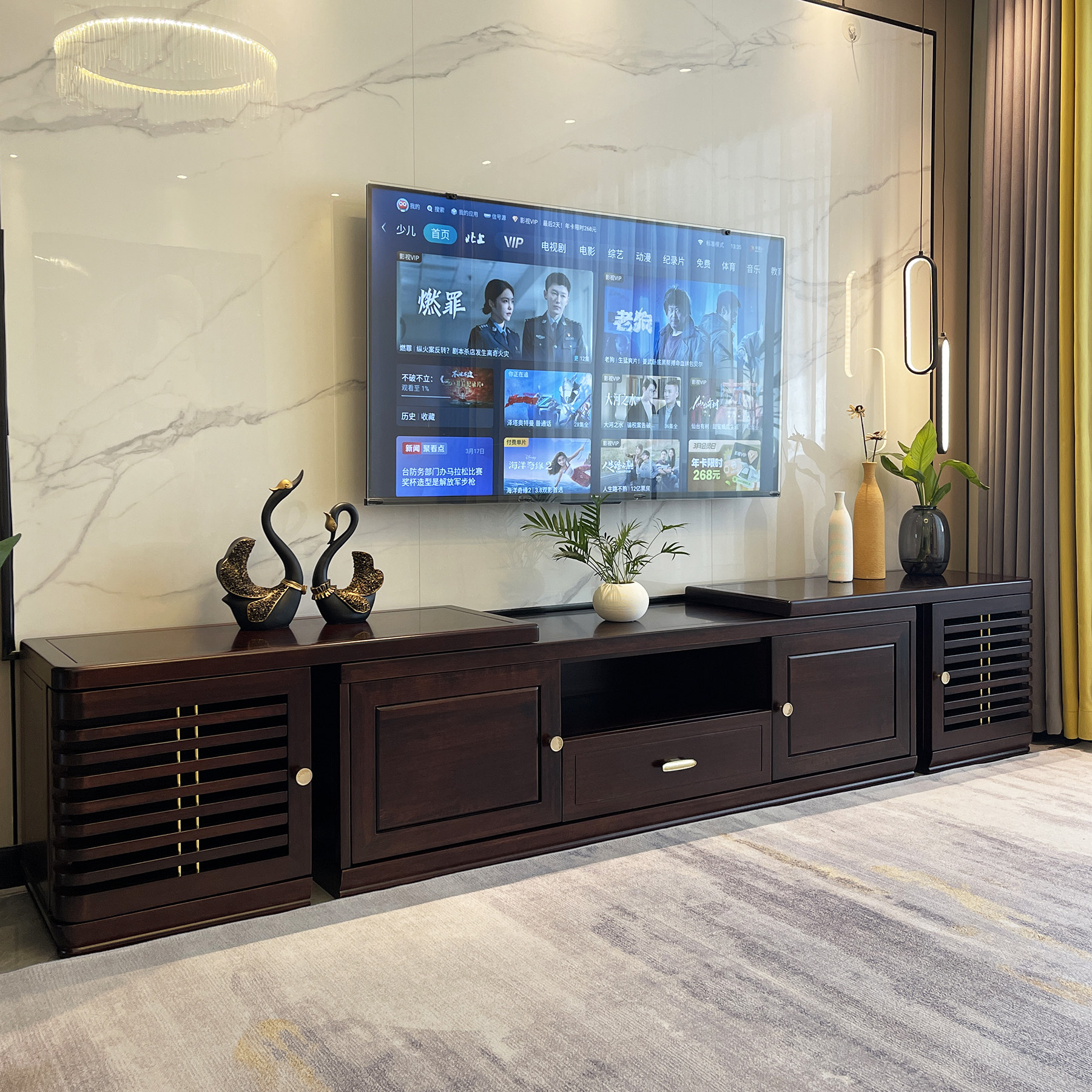 25新款新中式全实木可伸缩电视柜茶几组合乌金木客厅实木家具禅意