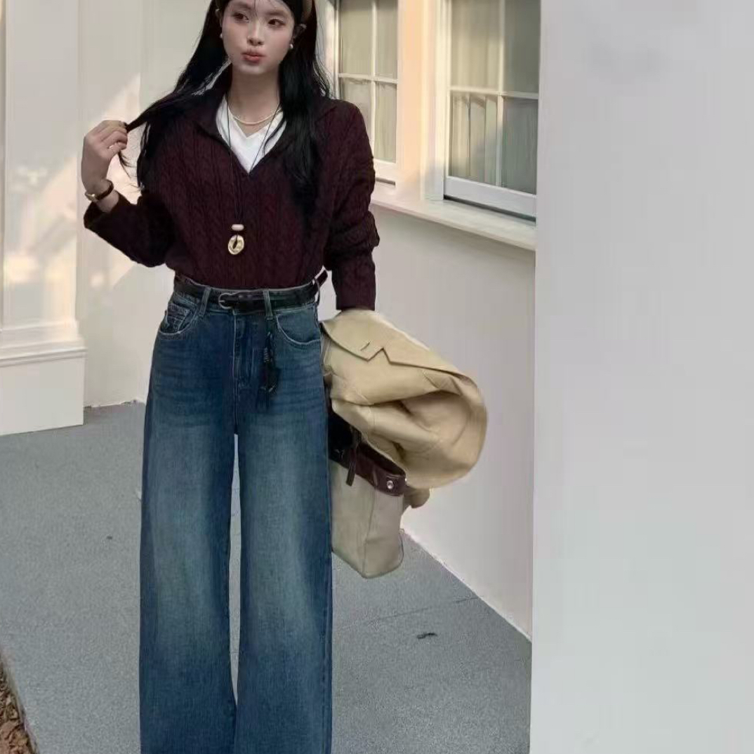 知名度～YY家秋款大码直筒拖地裤遮胯显瘦蓝色