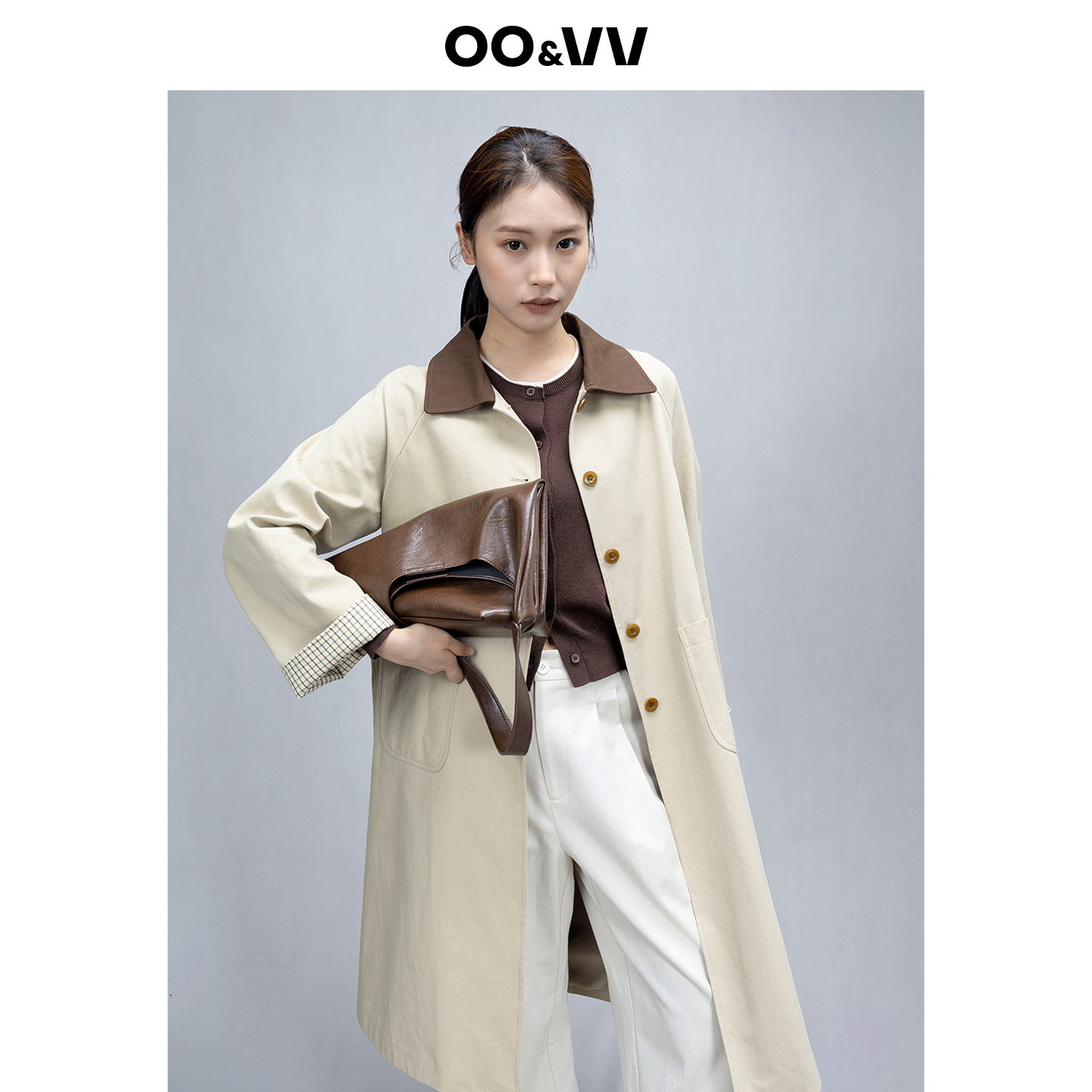 OO&VV风衣外套女中长款25秋宽松韩版卡其拼接系撞色领大口袋外衣