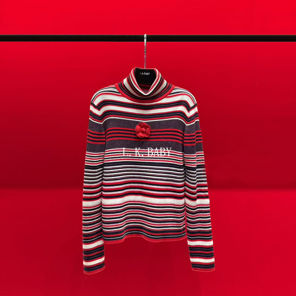 【L.K.BABY】红艳山茶花 法式气质百搭撞色烈焰花朵条纹针织上衣