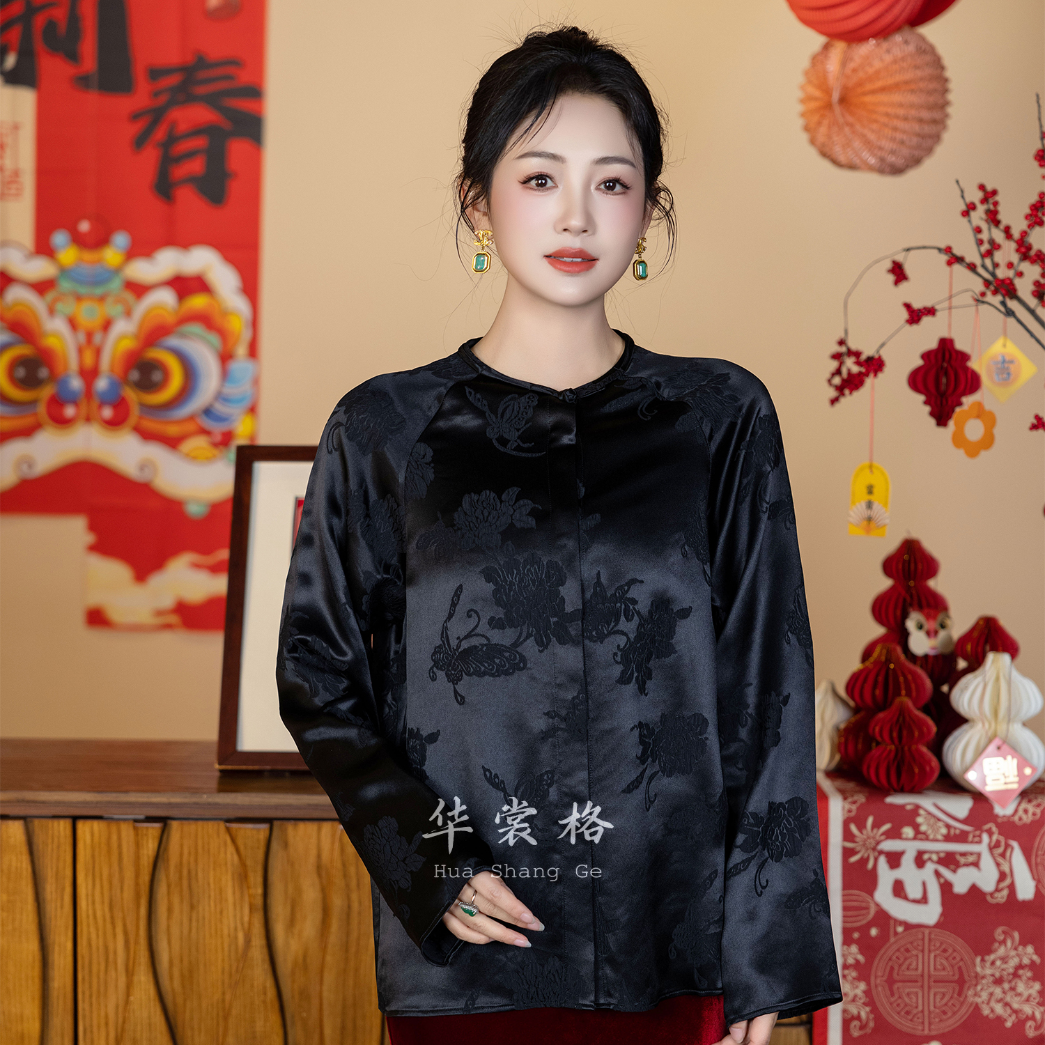 华裳格新中式桑蚕丝冠乐绉盘扣圆领对襟长袖衬衫HS224
