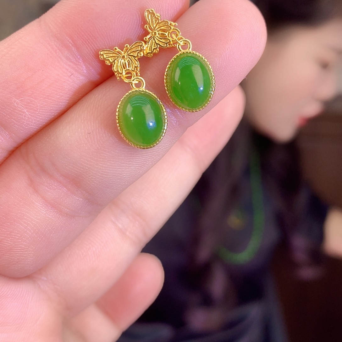 颈饰银S925镶嵌和田玉（碧玉）耳饰