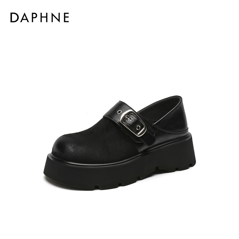Daphne/达芙妮英伦风大头皮鞋女皮带扣拼接乐福鞋厚底深口单鞋