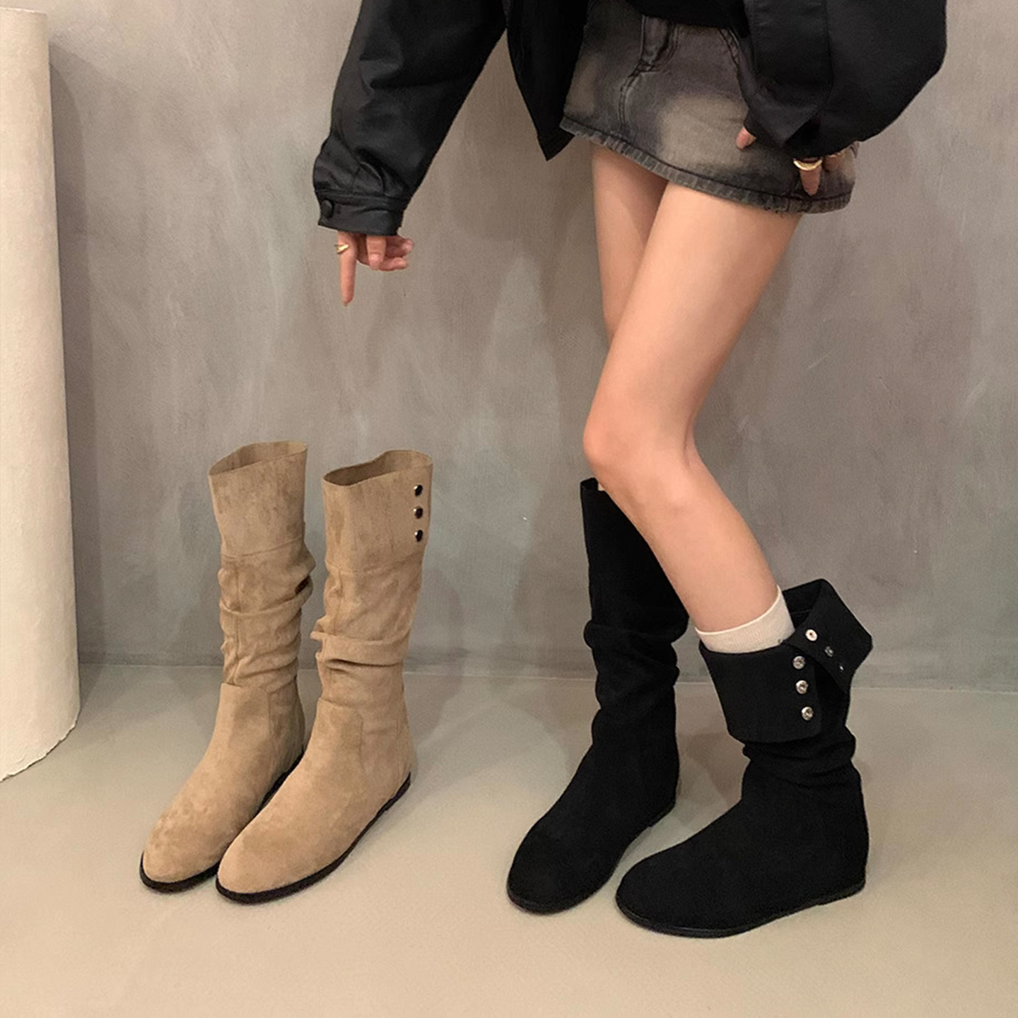 软皮版~圆头两穿堆堆靴显瘦西部牛仔靴低跟复古不过膝高筒骑士靴