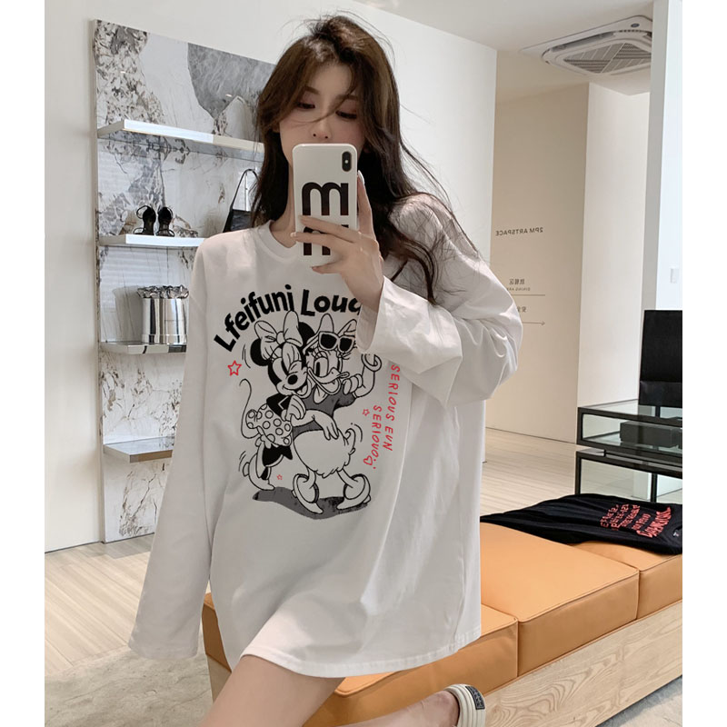 港风ins米奇长袖白色插肩圆领t恤外穿高级感小众炸街高级感女装