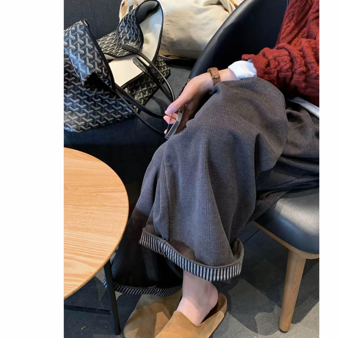 日系复古灰色显瘦休闲裤女秋季新款百搭宽松直筒内衬条纹长裤子