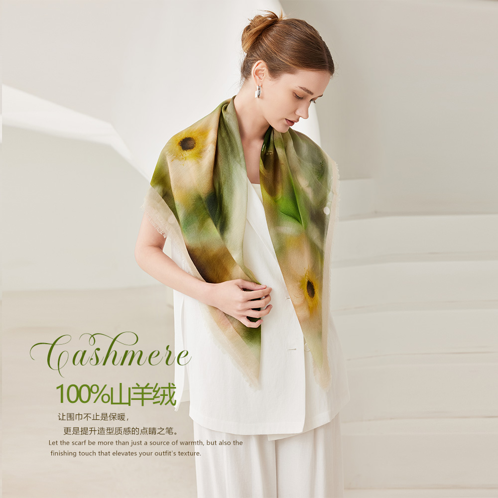 奢凌羊【秋菊印花】100%山羊绒田园风薄款菊花花卉保暖围巾旅游披肩