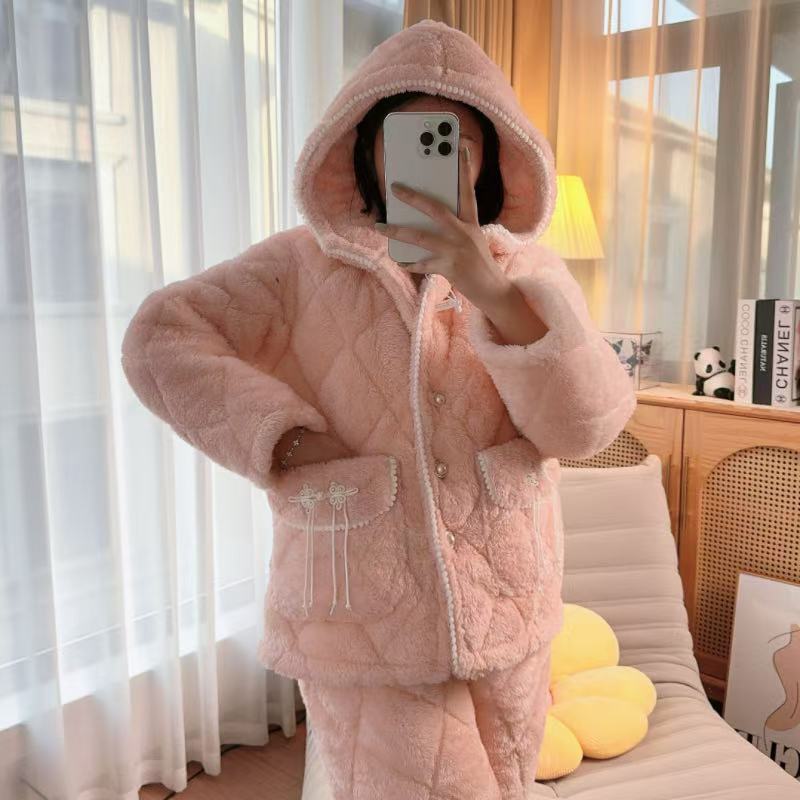 国风三层夹棉睡衣女冬季连帽家居服套装抗寒加厚保暖可外穿棉衣