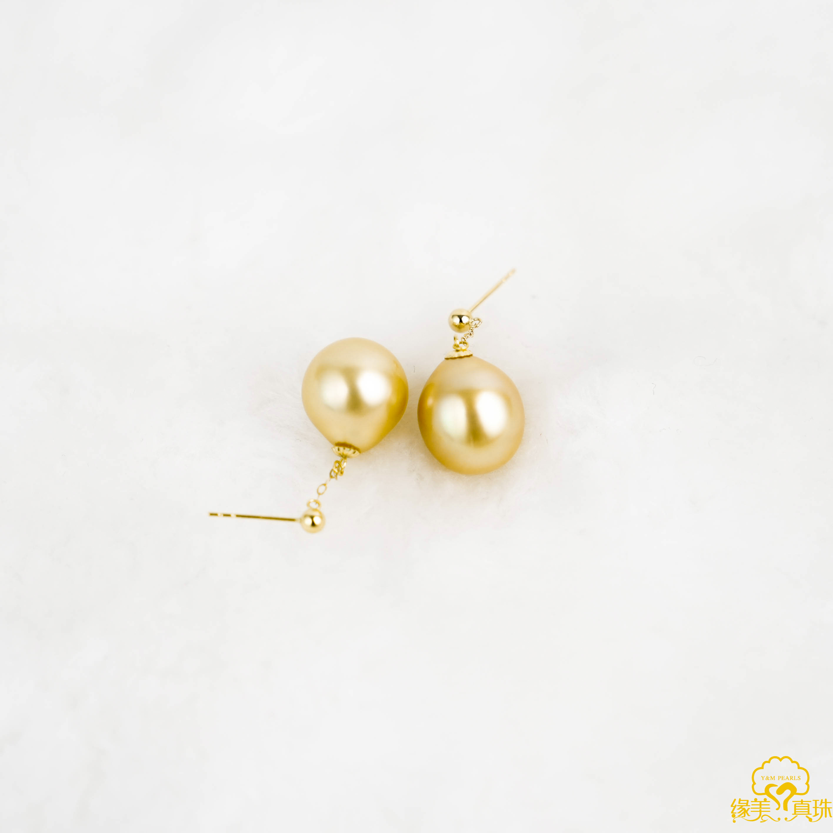 【缘美真珠EX20】金珍珠水滴形18k金耳线11-12MM样式多样性发一