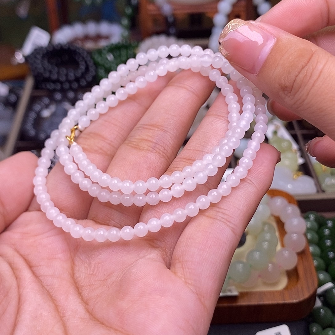 和田玉未镶嵌颈饰白玉米珠链4mm