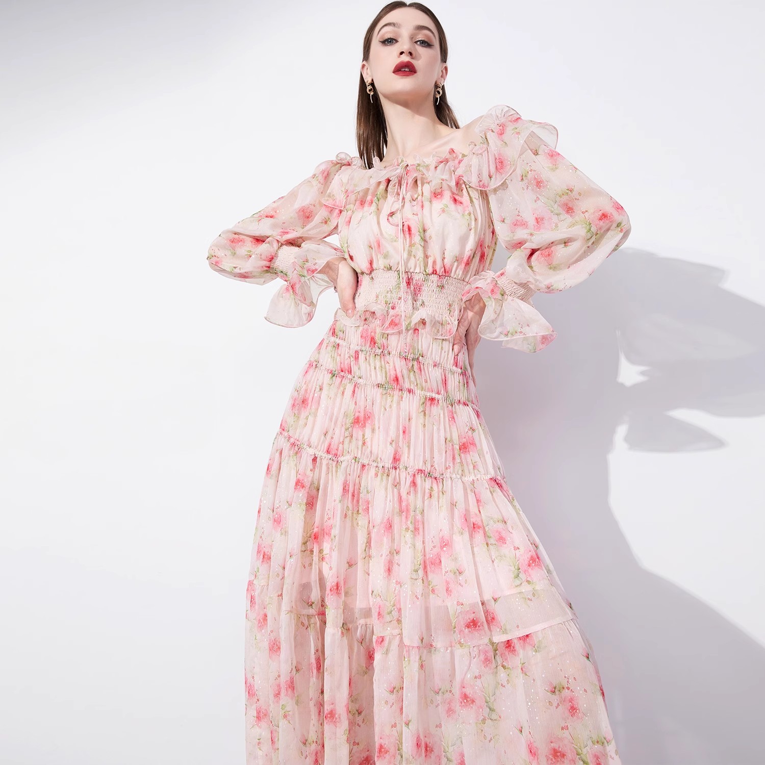 【白姐专属】AUI粉色碎花显瘦雪纺上衣收腰半身裙两件套-23X022568