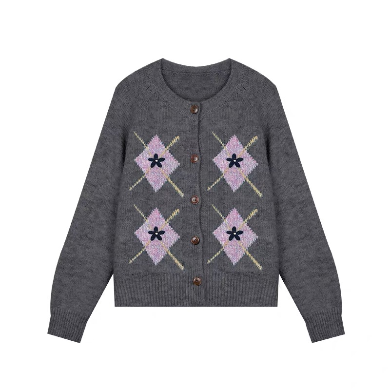 88023#菱格针织开衫秋冬毛衣加厚保暖慵懒宽松百搭方块