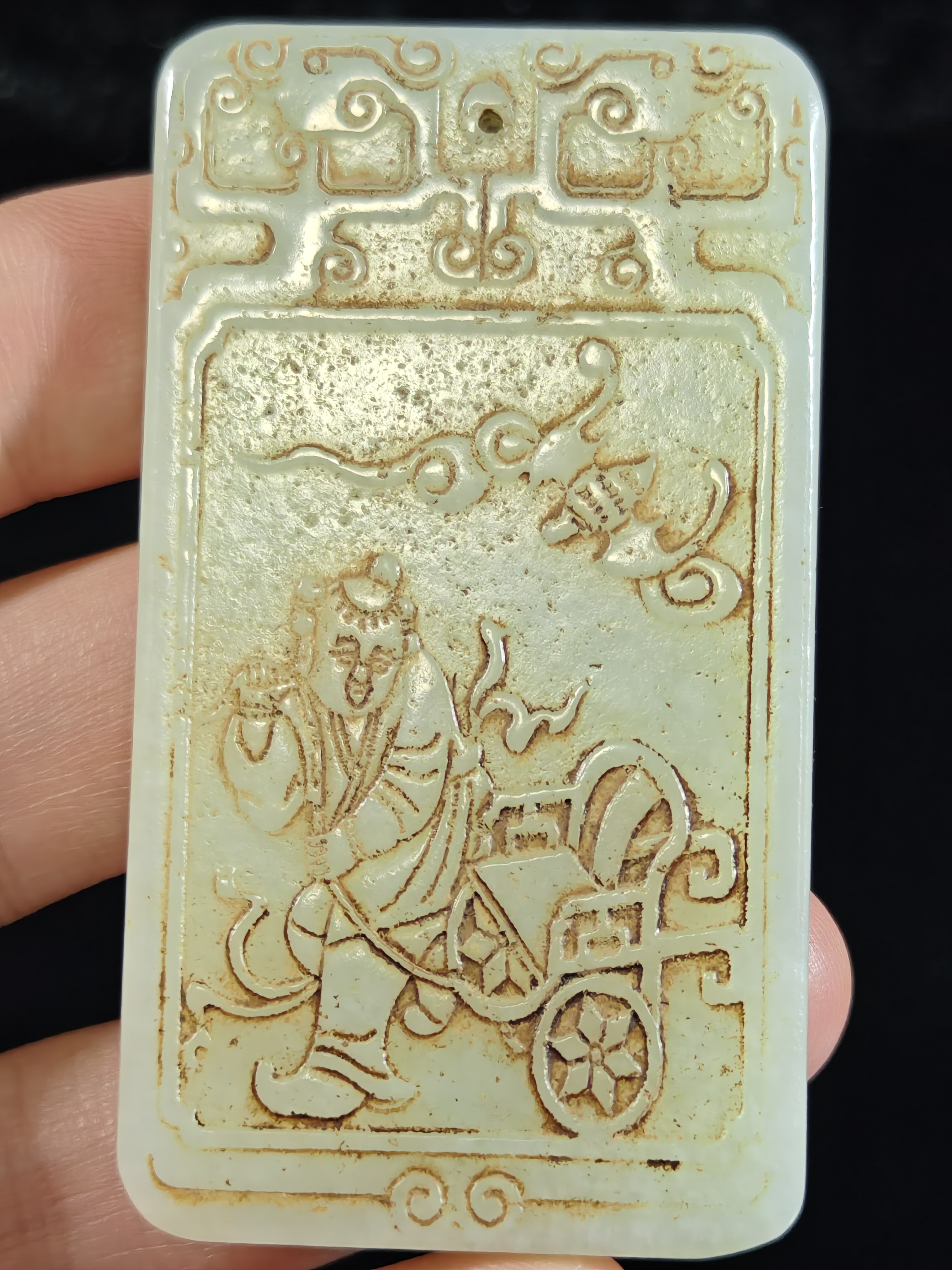 天然旧藏和田玉童子献福子冈玉牌人物牌挂件配饰