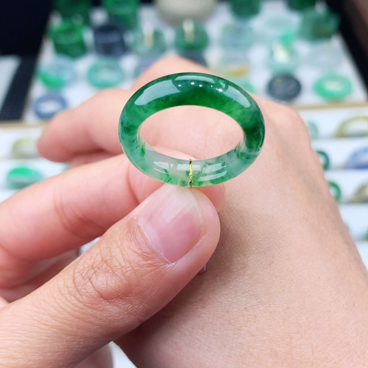 15号冰辣绿花缅甸天然翡翠A货戒指
