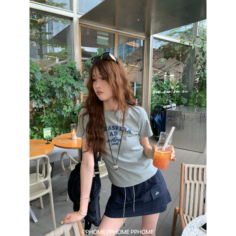 PPHOME自制~加州日记 发泡字母印花正肩圆领短袖T恤修身显瘦上衣