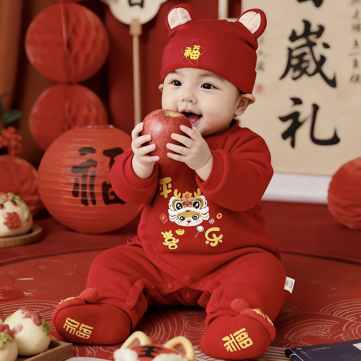 新生婴儿连体衣红色周岁服装男女宝宝满月衣服春秋冬季纯棉百日宴