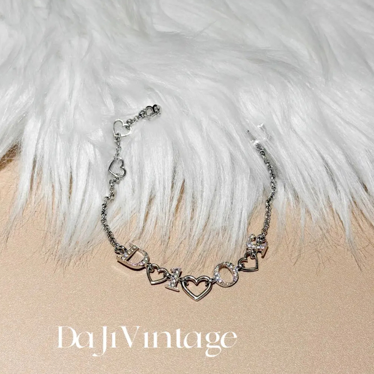 95新 DIOR/迪奥 大吉中古2/Dior迪奥银色logo爱心镶钻手链