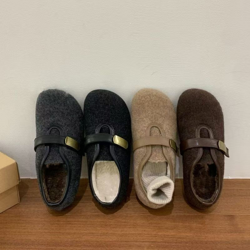 莫娜女鞋灰色加厚底毛毛鞋外穿冬季加绒平软底保暖