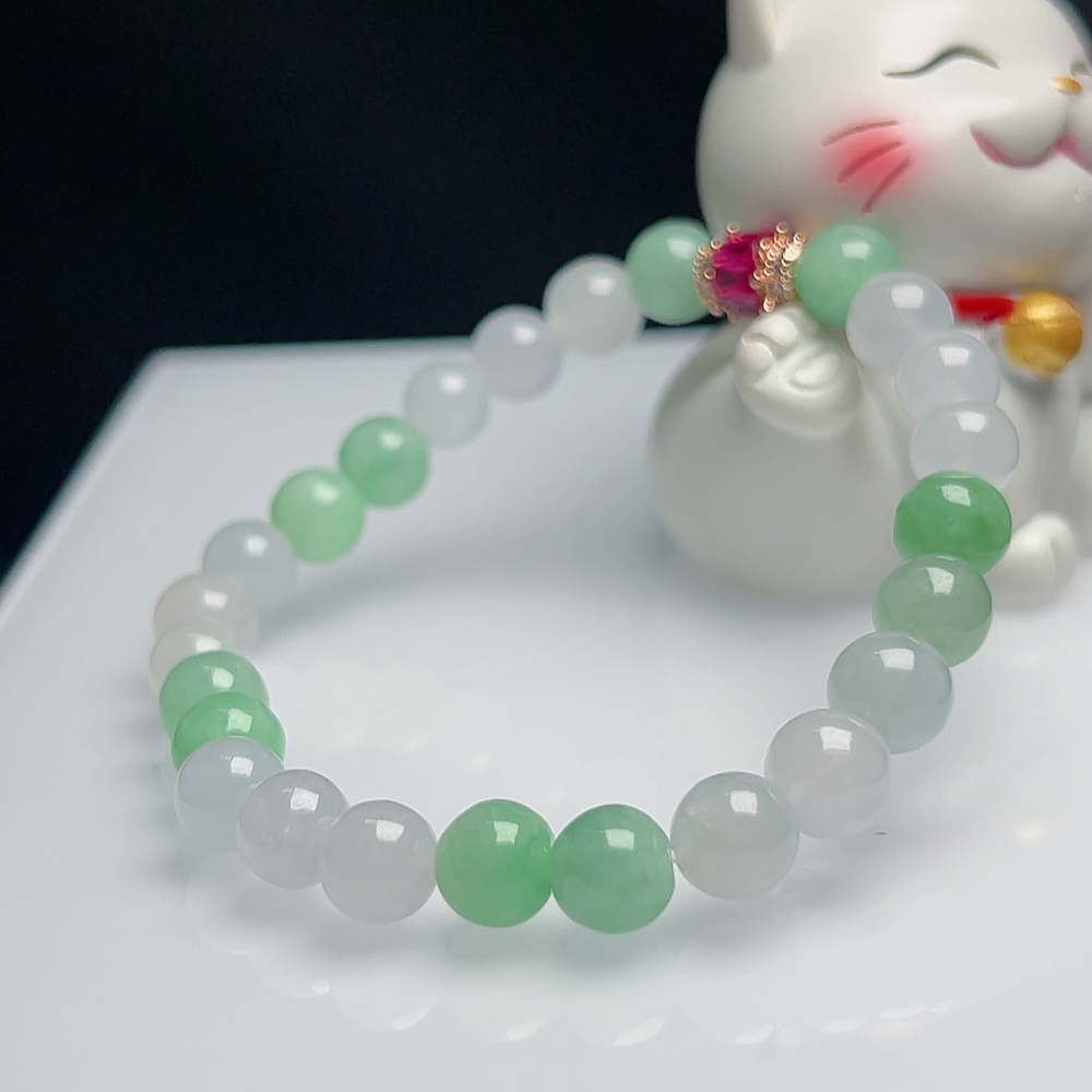 天然缅甸A货翡翠双彩圆珠手串绿翡翠珠串冰润细腻翡翠珠串