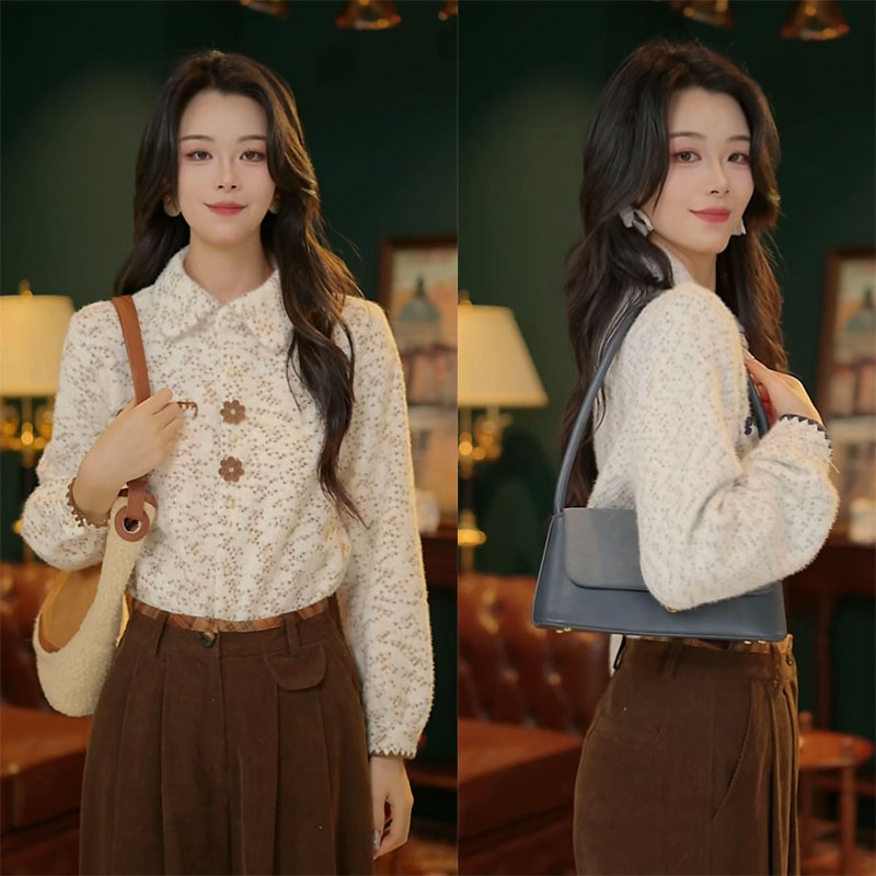 舒舒【臻彩花朵】港风复古长袖衬衫针织花朵宽松百搭上衣 YF1103423