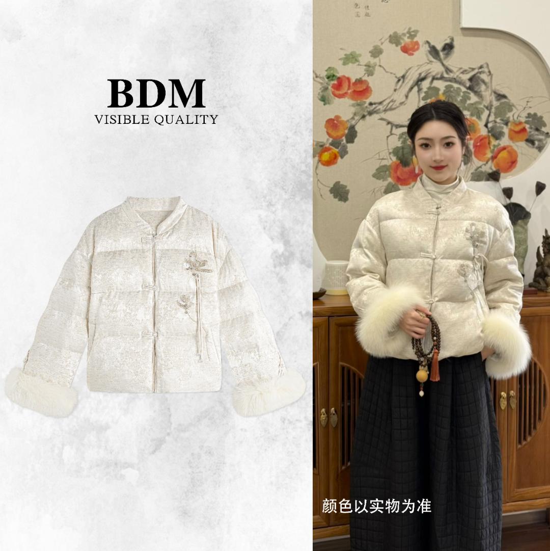 佰搭美【云裳茸襟】新中式国风90白鹅绒羽绒服女冬保暖袖狐狸毛上衣