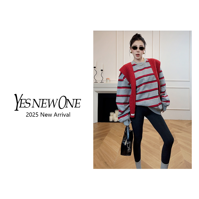 【大蟲家】韩版慵懒风时尚条纹休闲中长款长袖厚款圆领卫衣2025冬季