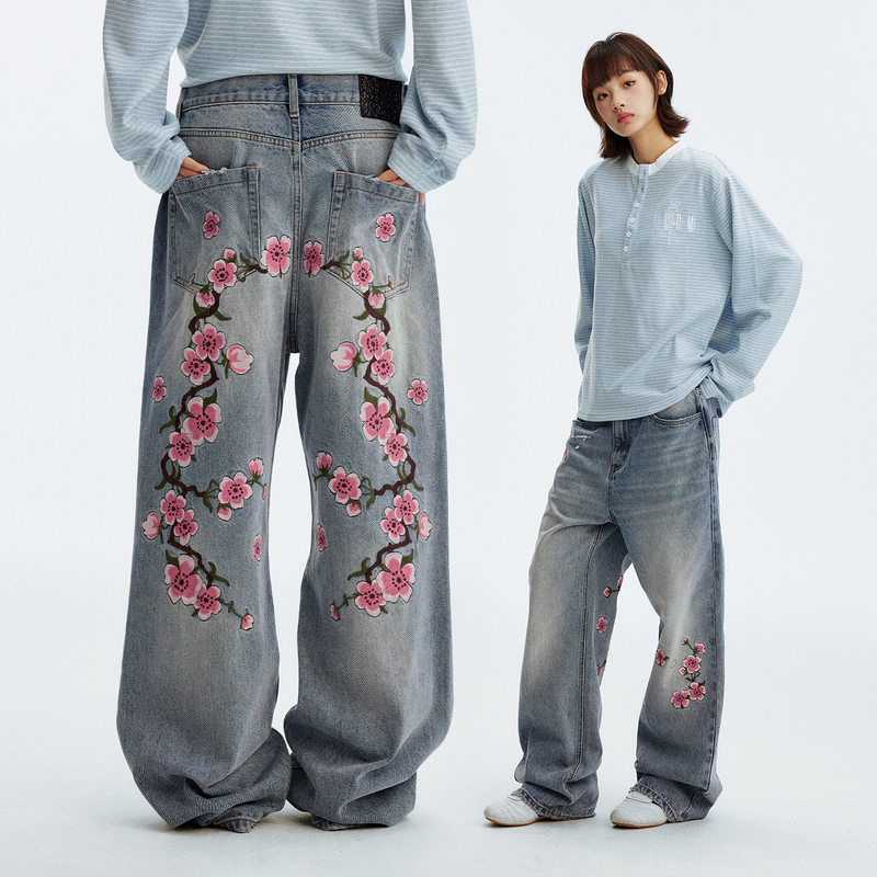 MEDM 樱花图案刺绣微弹休闲牛仔裤秋冬季潮牌男女宽松直筒拖地裤