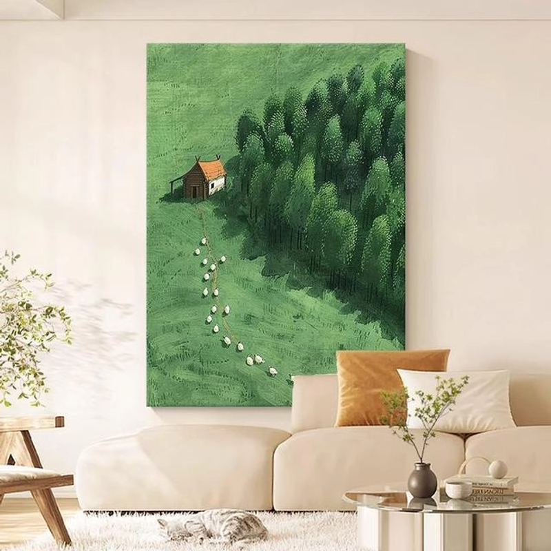 小清新绿色草原森林客厅沙发背景墙挂画现代田园风手工砂岩装饰画