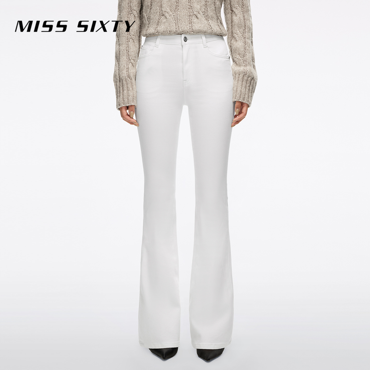 Miss Sixty2025秋季新款白色抓毛牛仔裤女修身高腰显瘦微喇叭长裤