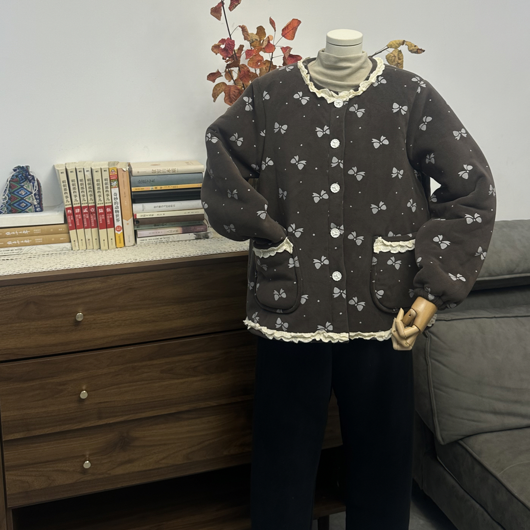 【蝴蝶结蕾丝领】三层夹棉加厚冬季可外穿长袖长裤家居服套装