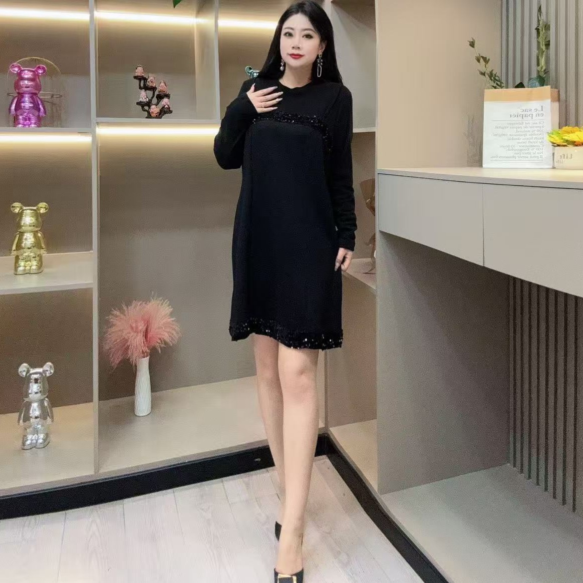 冬季连衣裙-多 7580时尚潮流休闲亮片拼接设计款胖MM大码女装新款