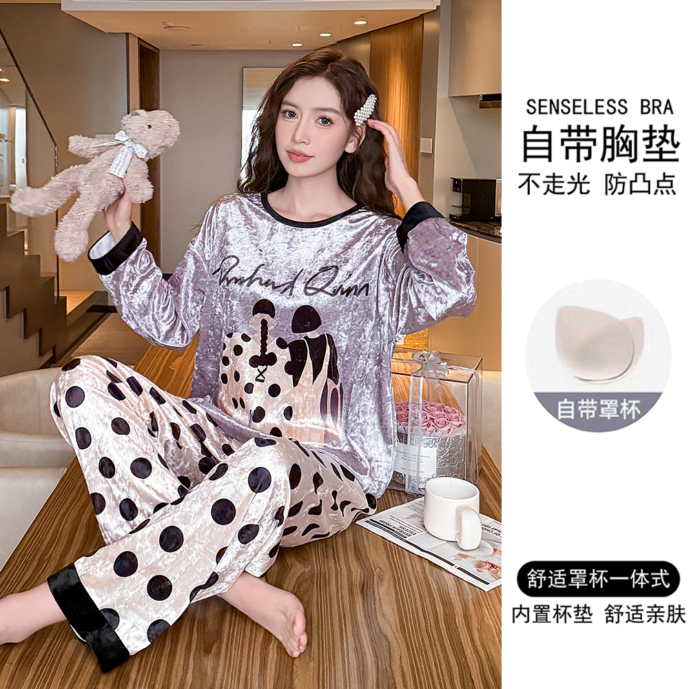 带胸垫2025年新款金丝绒睡衣女春秋季长袖可爱卡通秋冬家居服套装