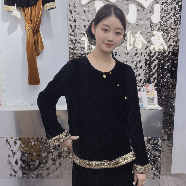 新中式轻奢民族风国风花边舒适丝绒衫（衣长约62cm）
