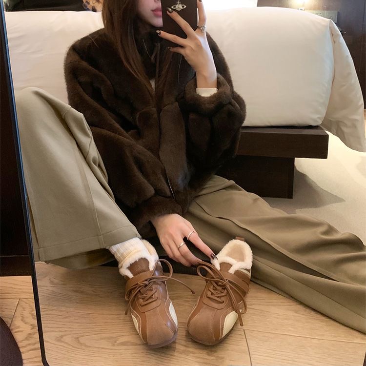 魔术贴女德训薄底~毛毛练习生阿甘鞋真皮5cm鞋版休闲鞋牛皮内增高