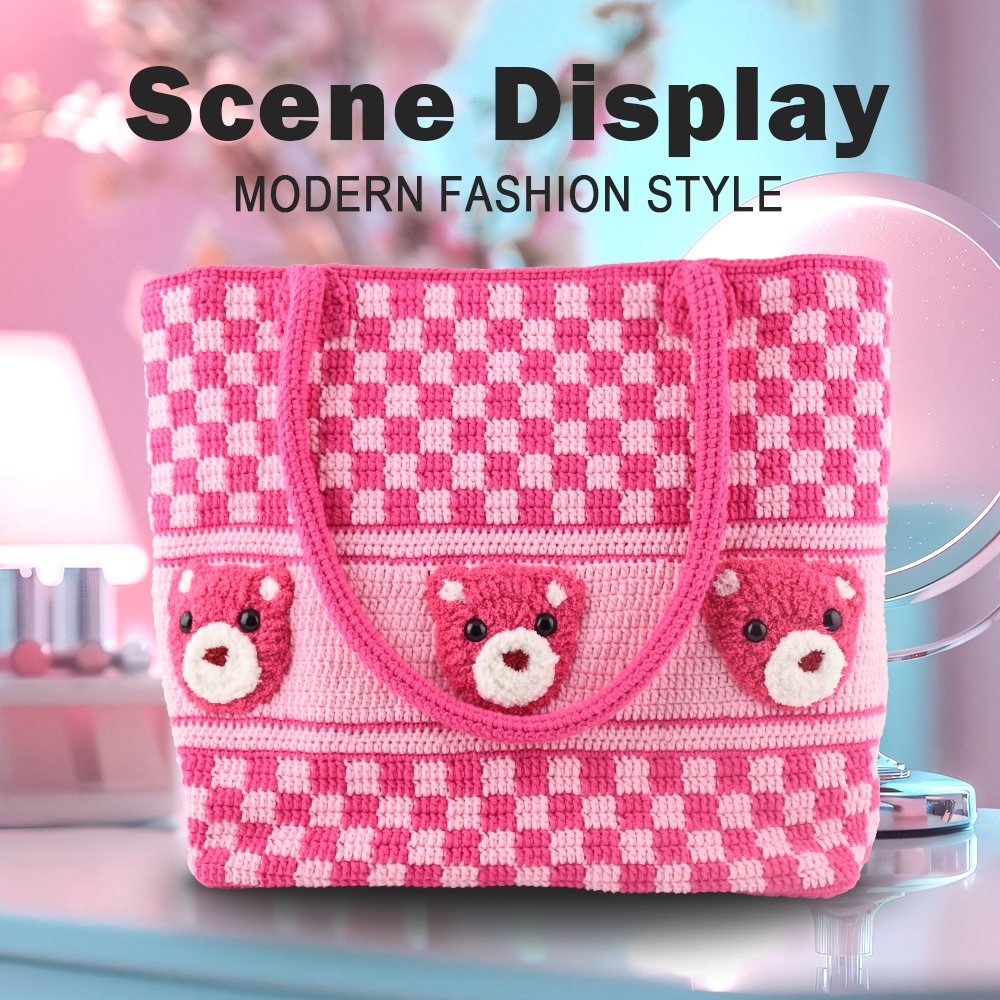 香雪茹少女粉小熊格子手工钩织青春少女款卡通手提单肩斜挎包小众