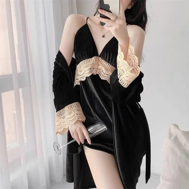 睡衣女秋冬款纯欲性感家居服睡裙两件套装带胸垫