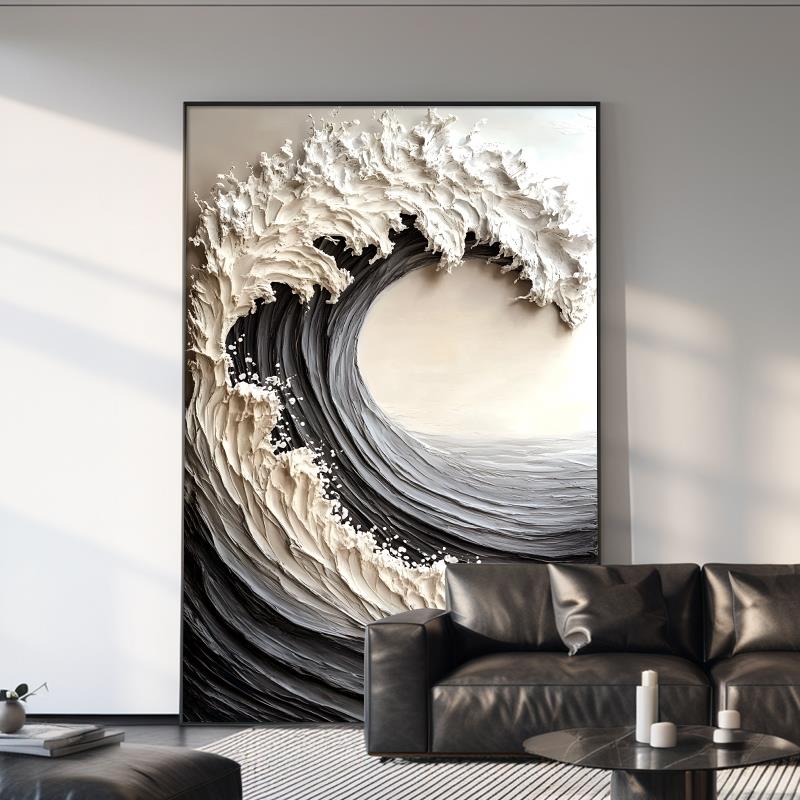 轻奢高级感客厅装饰画抽象海浪沙发背景墙挂画黑白灰玄关走廊壁画