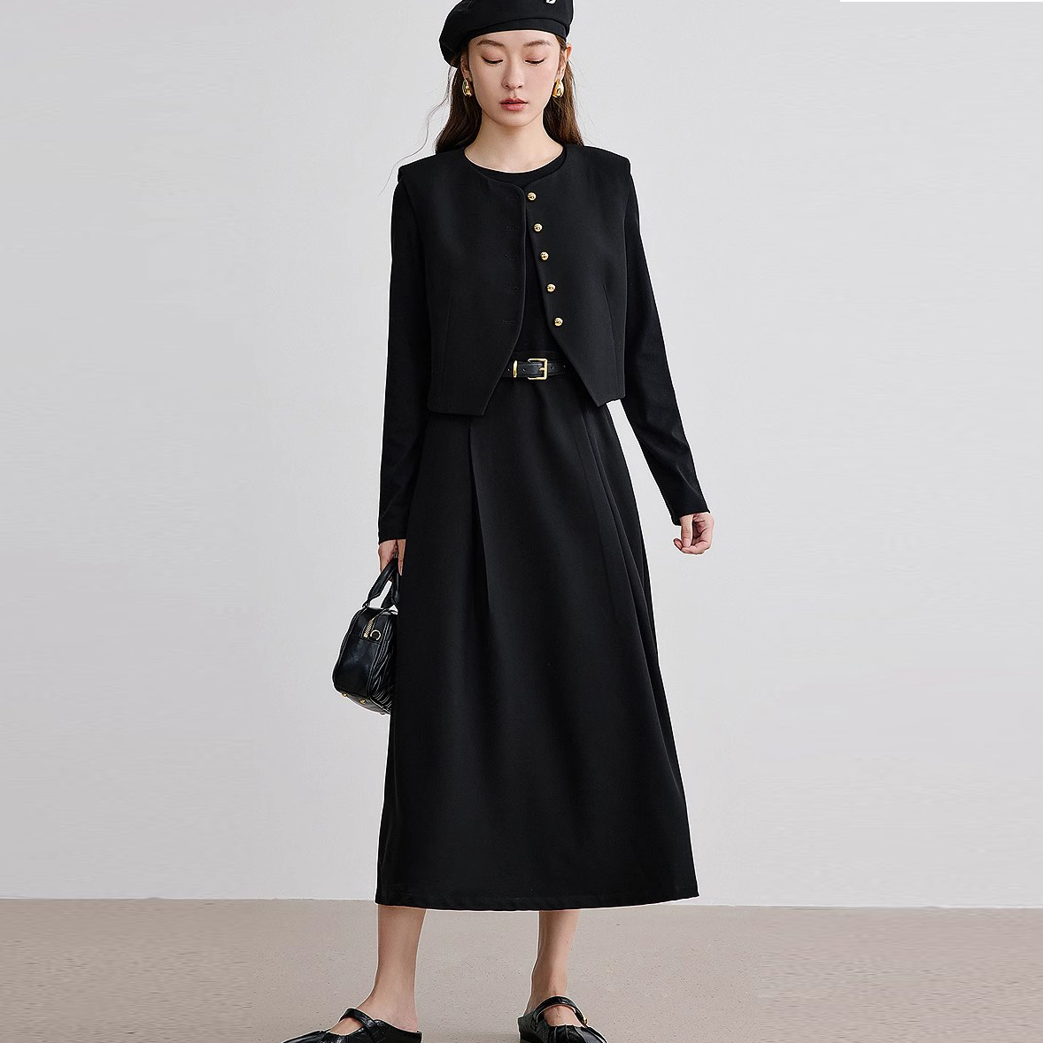 2.23早预告款春季款赫本风气质黑色连衣裙马甲两件套装 NTS682217