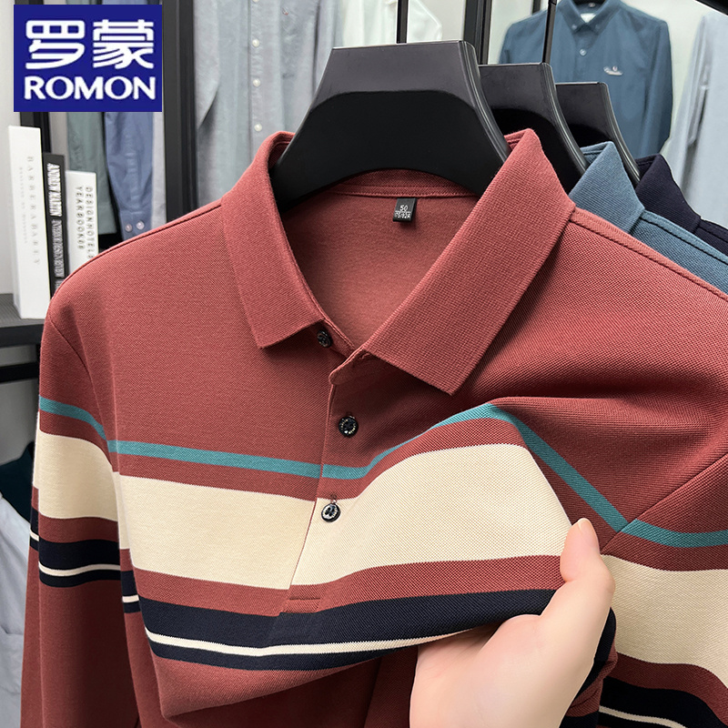 罗蒙春秋款男士时尚条纹翻领长袖T恤中年POLO衫宽松休闲打底体恤