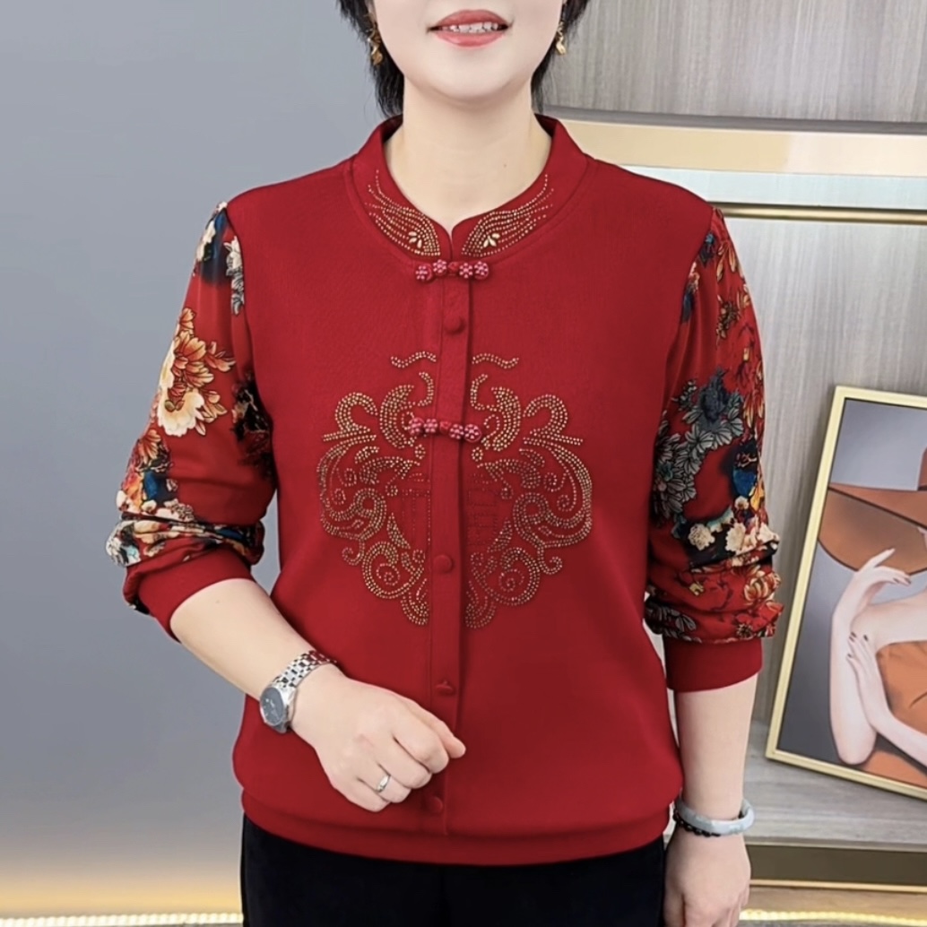 秋冬新款中国风拼接设计感加绒保暖妈妈装显瘦百搭长袖上衣H2976