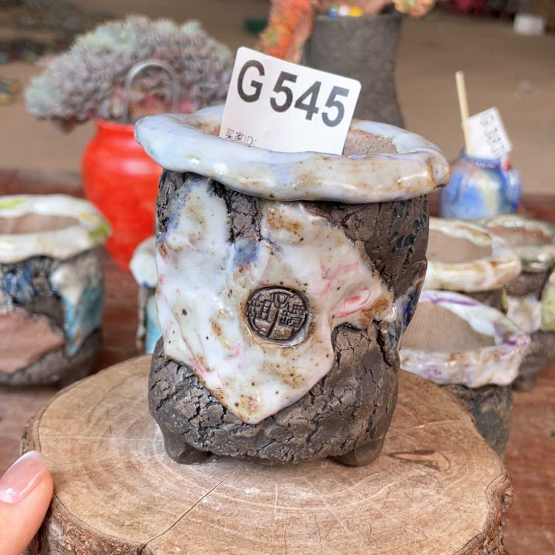 紫砂花盆孤品不规则油画山石老桩 内口5