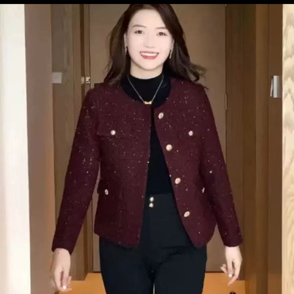 012#方格亮片款小香风外套女气质时尚百搭洋气显瘦秋冬新款