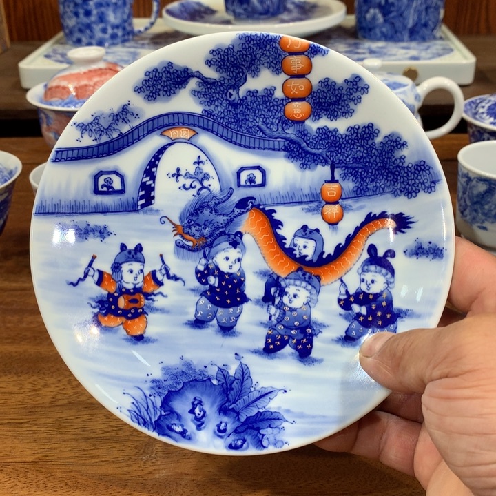 晓剑窑青花童子壶承