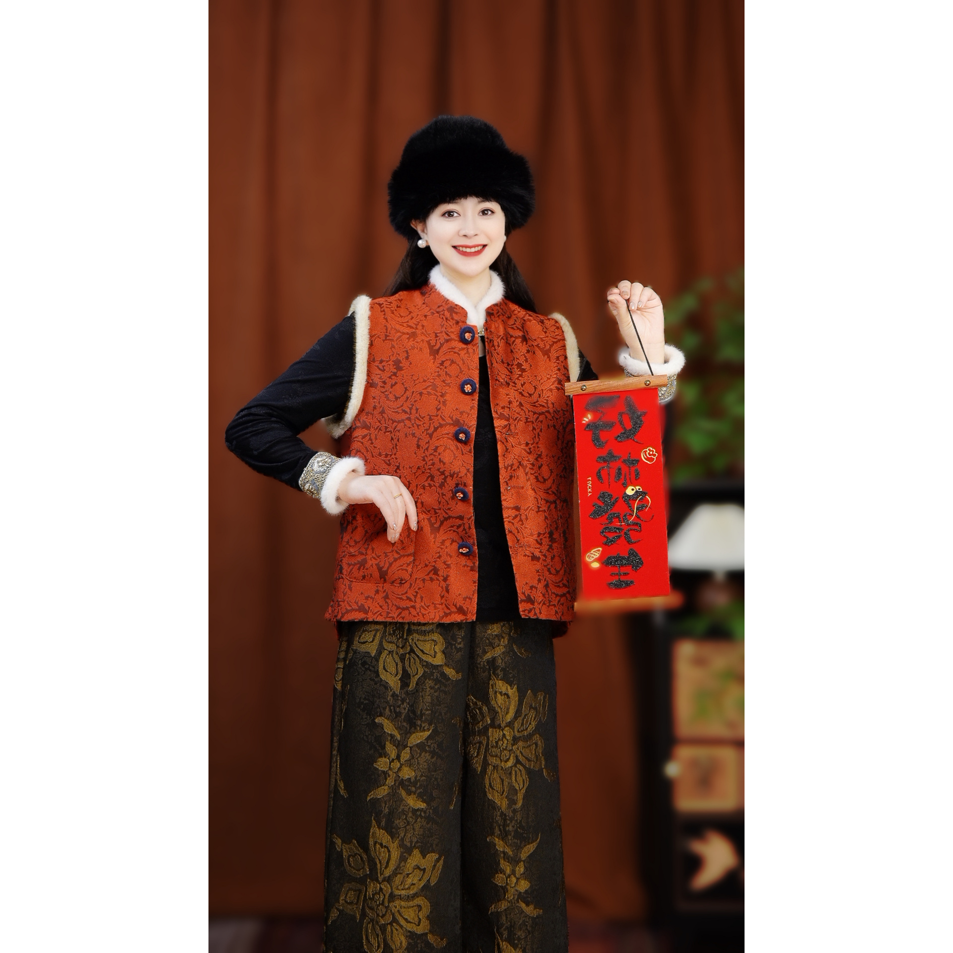 【红韵】冬季新款马甲女式新中式宽松国风加棉加厚提花上衣马夹