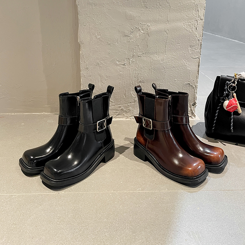 擦色切尔西靴2025新款个性皮带扣棕色短靴CQ-M5805-1