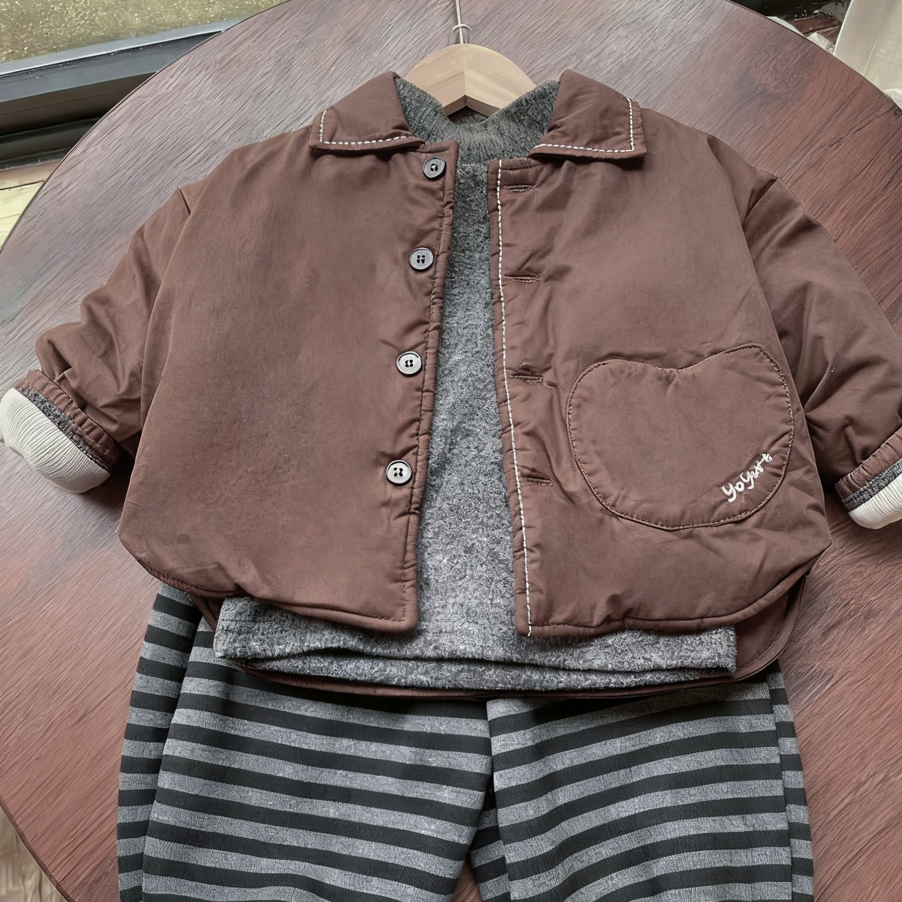 工装领日系男宝加绒加棉冬季外套见外纯色翻领棉服加厚儿童