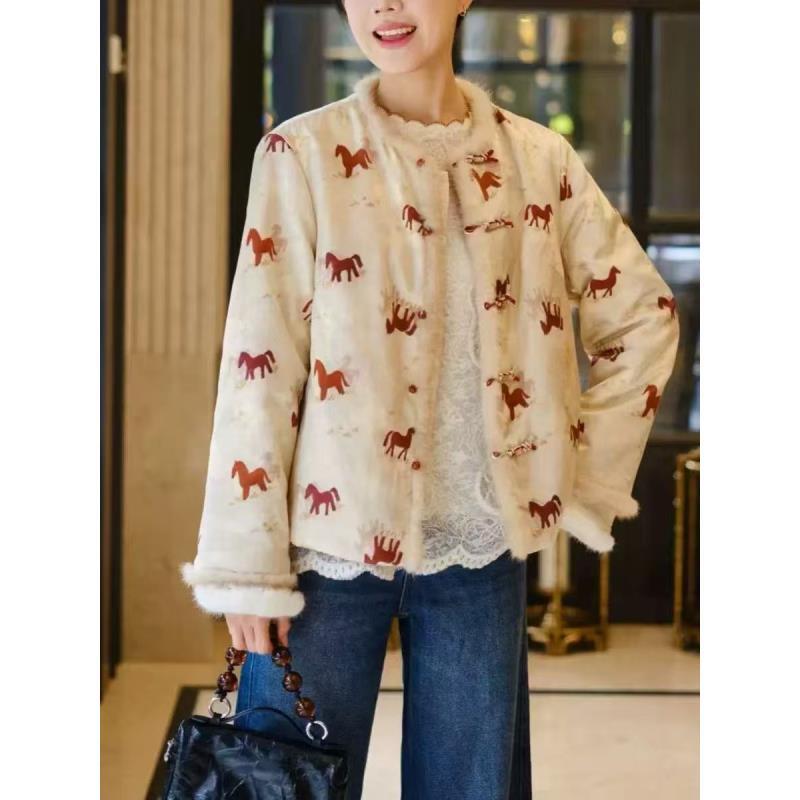 【深圳南油二姐】秋季新款中国风气质圆领刺绣毛边小马外套96111