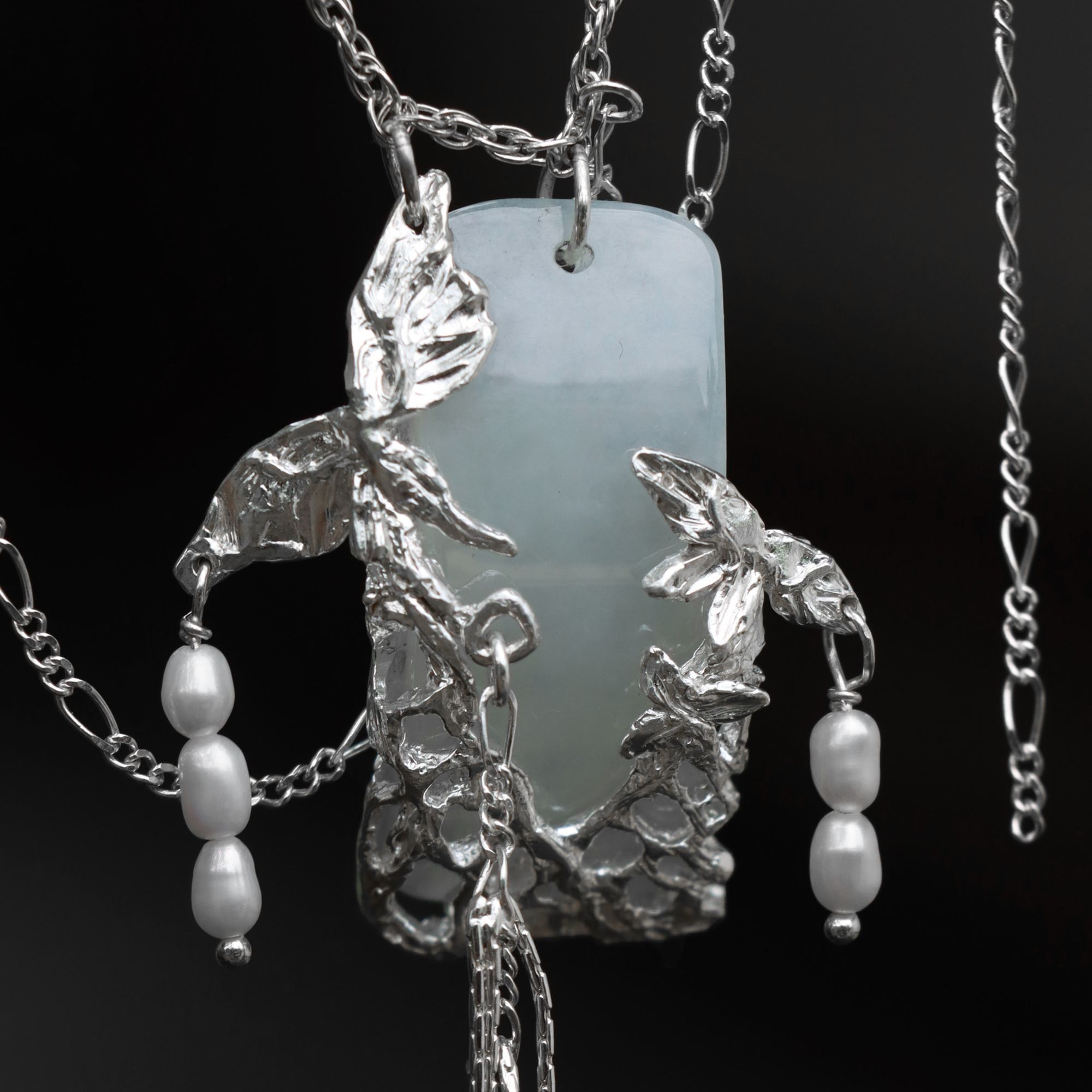 东黑三白 坠链均925银 玉蝴蝶（孤品） s93银设计中式百搭女项链